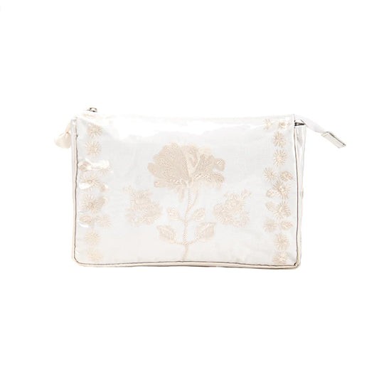 Lenora Peony large makeup bag in ivory with embroidered peony pattern and zip closure