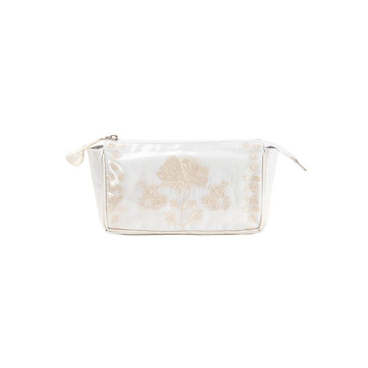 Lenora Peony Small Makeup Bag in ivory with embroidered beige peonies and cream tassel zipper pull
