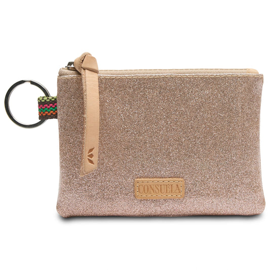 Consuela Emery Pouch in champagne glitter with key ring and multicolor woven accent