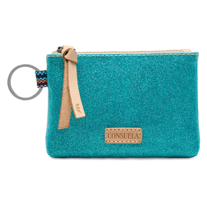 Consuela turquoise glitter pouch with tan leather trim, keychain ring, and embossed leather label