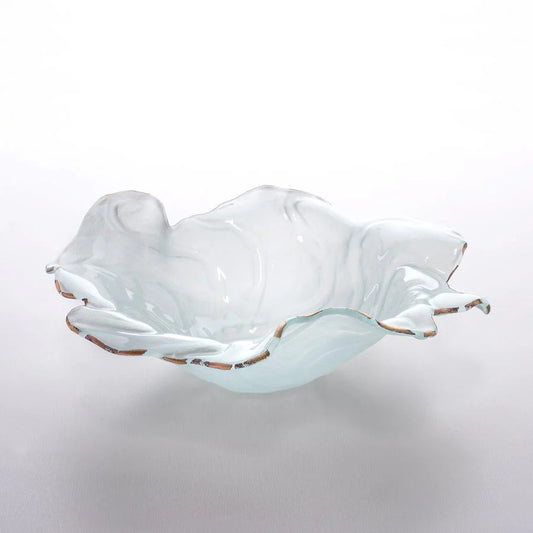 Annieglass Poppy medium bowl in white and pale blue with ruffled gold-trimmed rim