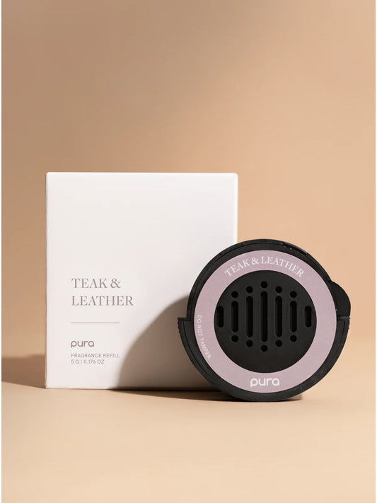 Pura Teak & Leather car fragrance refill with white box and lavender-pink black Pura device