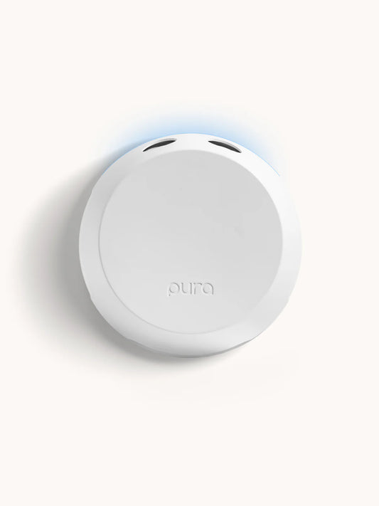 White Pura 4" Smart Fragrance Diffuser with blue-tinted light, front view