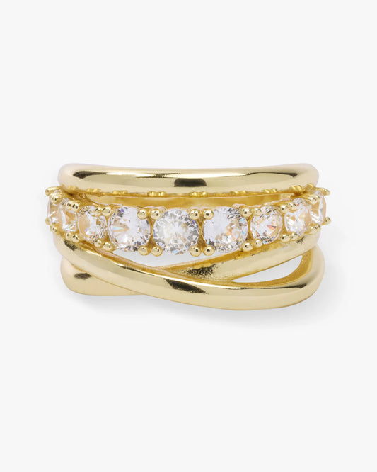 Melinda Maria Oh She Fancy Stacked Diamond Ring in gold with cubic zirconia accent band between curved metal bands