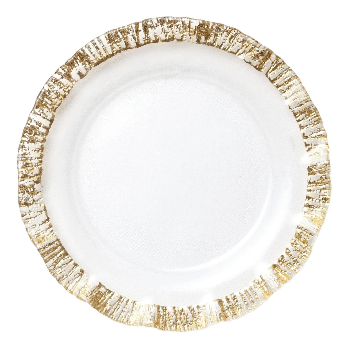 The Vietri Rufolo Charger/Service Plate by Vietri features a round white design with a textured, ruffled rim accented in metallic gold. The plate is empty and photographed from above on a white background.