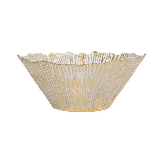 Vietri Rufolo glass large deep bowl with wavy rim and gold striped pattern on cream