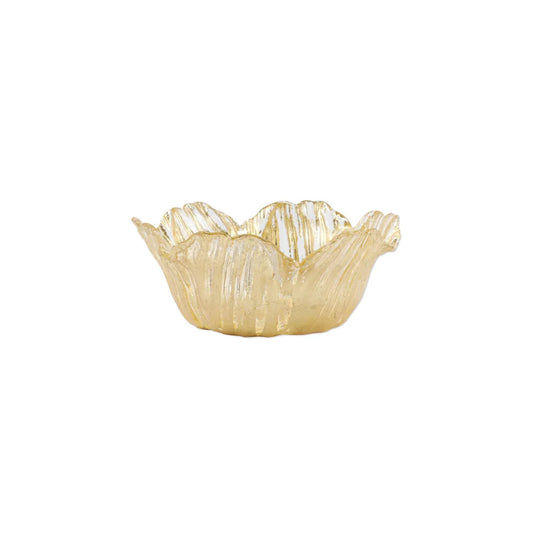 Vietri Rufolo Glass Gold Flower Small Bowl with ruffled petal edges, side view
