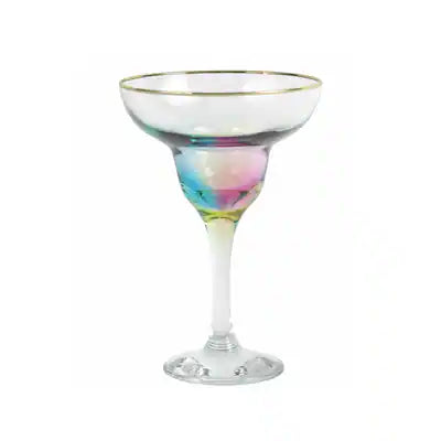 The Vietri "Viva" Rainbow Margarita Glass by Vietri features an iridescent finish with a wide bowl, slender stem, and subtle pastel rainbow hues reflecting across the surface.