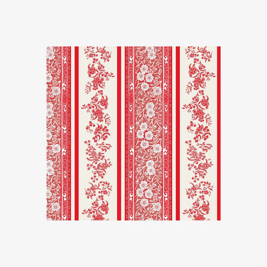 Hester & Cook Red Burleigh Stripe napkin with red and white floral stripes and ornamental borders