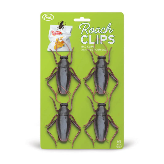 Fred Roach Clips set of four novelty bag clips with realistic black roach design on green packaging