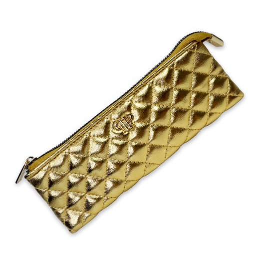 PurseN Sleek Stash Go-To Case in gold metallic with quilted pattern and gold zipper