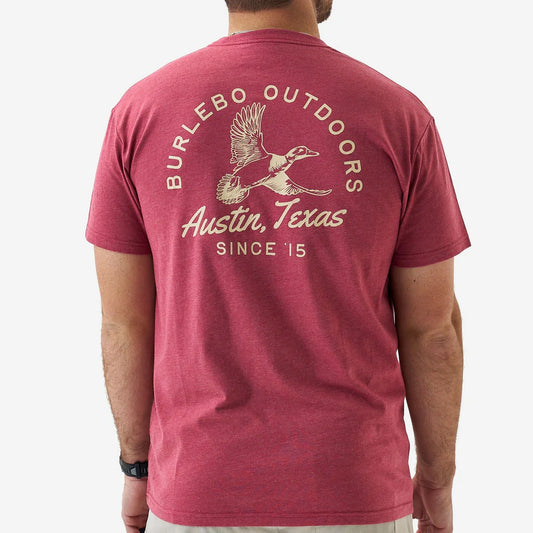 Burlebo Short Sleeve Tee in burgundy with flying duck logo and Austin, Texas text back
