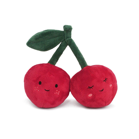 Mon Ami Cherry-O plush toy with two red cherries connected by green stem, embroidered faces with closed eyes