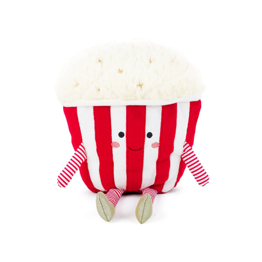 Mon Ami Pablo Popcorn plush toy with red and white striped body, white fluffy top, and smiling face