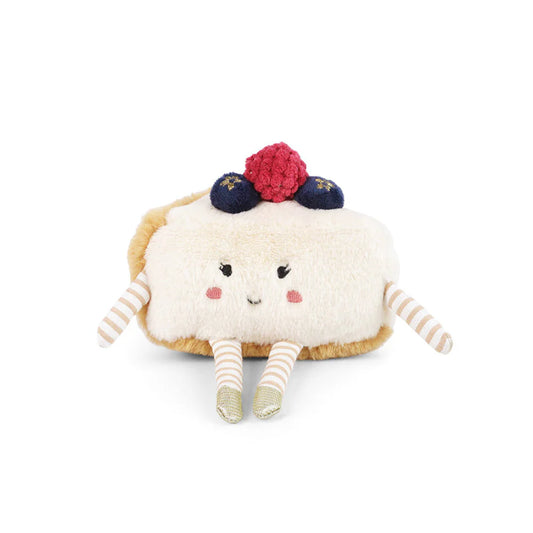 Mon Ami Berry Cheesecake Slice plush toy with cream frosting, raspberry and blueberry toppings, striped arms