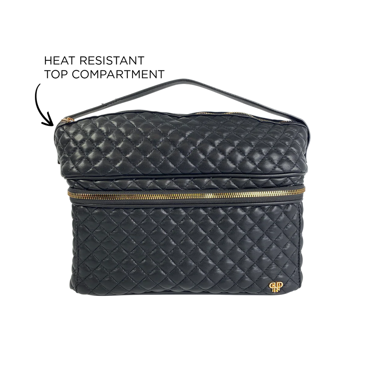 PurseN Stylist Travel Bag in black quilted nylon with gold zippers and heat-resistant top compartment, front view