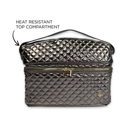 PurseN Stylist Travel Bag in black quilted design with heat-resistant top compartment