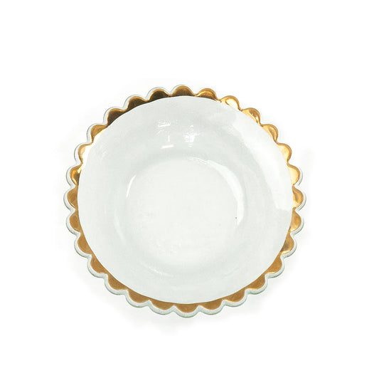 Annieglass Sweetie Small Bowl, white with scalloped gold-edged rim, top-down view