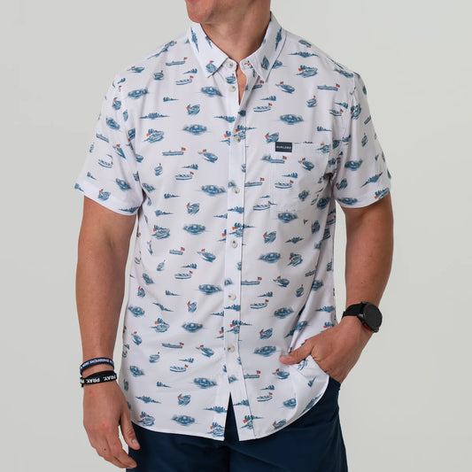 Burlebo Performance Polo Lake Boats in white with blue boat print pattern