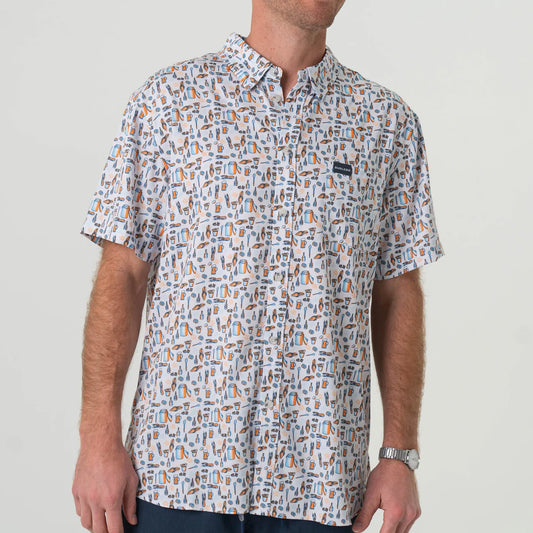 Burlebo Performance Polo Shrimp Boil in white with orange and blue seafood print