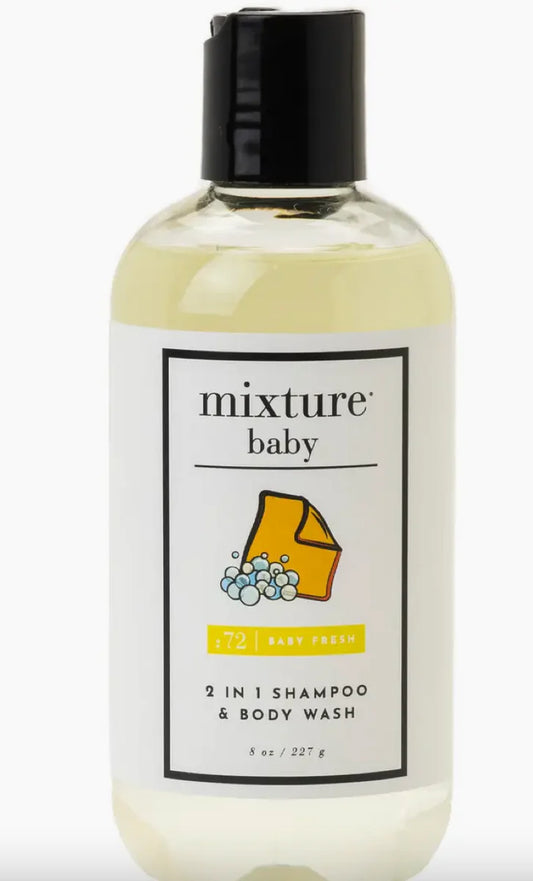 Mixture Baby Fresh 2 in 1 Shampoo & Body Wash in pale yellow liquid with black cap and yellow soap graphic on label