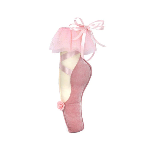 Mon Ami Ballet Accent Slipper Decor in pink velvet with cream sole, tulle bow, full front view