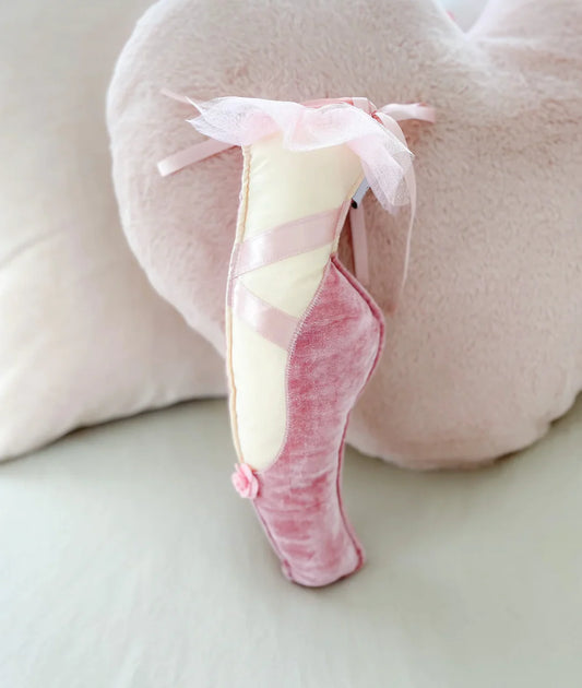 Mon Ami Ballet Accent Slipper Decor in pink velvet with cream sole, tulle bow, styled detail view