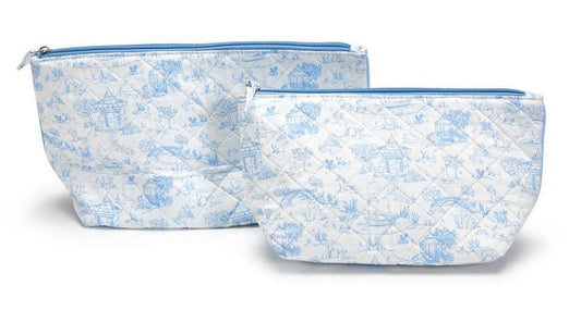 Cupcakes & Cartwheels Animal Toile Set of 2 quilted pouches in blue and cream with zippered tops
