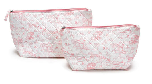 Cupcakes & Cartwheels Animal Toile Set of 2 quilted pouches in pink and cream with zippered tops