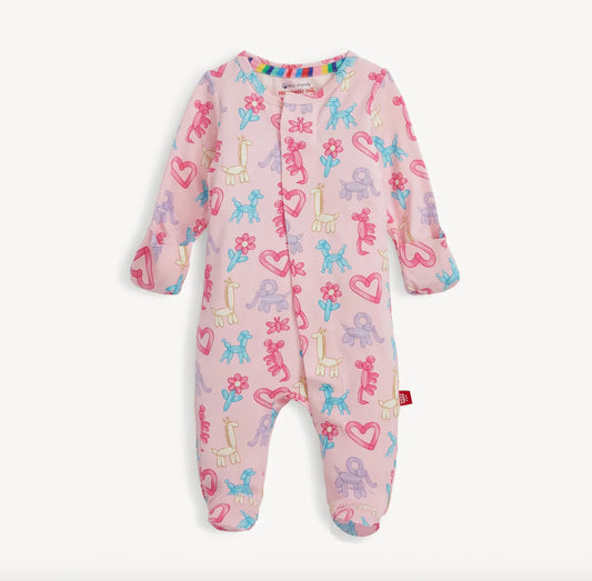 Magnetic Me Pink Party Animals glow-in-the-dark footie with hearts, giraffes, and animals on pink