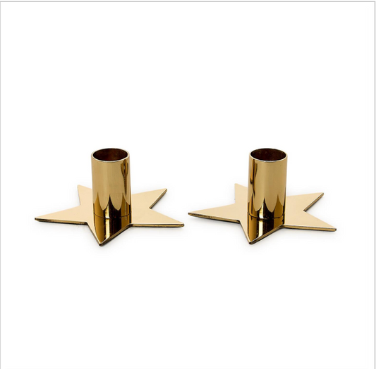 Two's Company pair of metallic gold star-shaped candleholders with cylindrical center cups