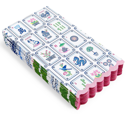 A stack of Mahjong tiles arranged in rows with vibrant designs—featuring flowers, dragons, and traditional symbols—is artfully displayed on a white background on the Two's Company Mahjong Paper Napkin Dinner by Two's Company, making it a perfect decorative addition to your gatherings for an elegant touch.