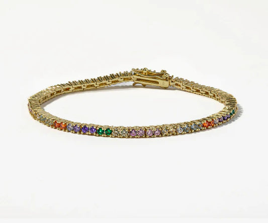 Melinda Maria Baby Heiress tennis bracelet in gold with rainbow multicolored stones