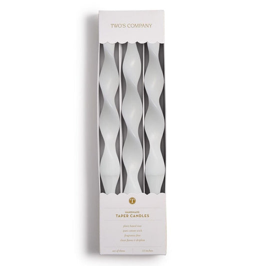 Two's Company Hand-Poured Taper Candles boxed set of three in twisted white and gray design