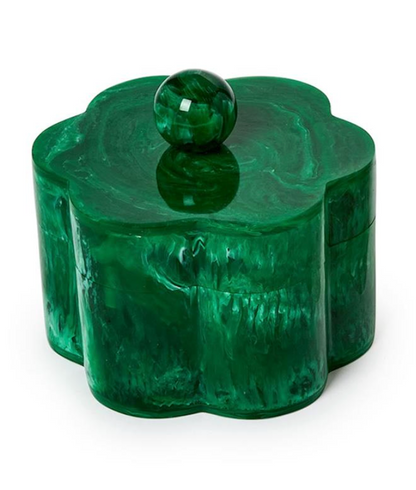 From Two's Company, the Marbleized Resin Covered Box features a green, flower-inspired silhouette with a glossy marbled finish and a spherical lid handle—ideal for decorative storage or as one of your favorite scalloped hex boxes.