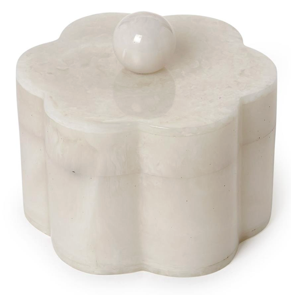 The Two's Company Marbleized Resin Covered Box by Two's Company features a white, flower-shaped design with a smooth, glossy finish and a round knob on the lid. Expertly crafted from marbleized resin, this decorative storage piece is inspired by classic scalloped hex boxes, combining elegance and functionality for any space.