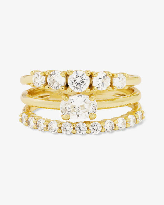 Melinda Maria She's So Stacked Ring in gold with three stacked bands featuring round cubic zirconia stones