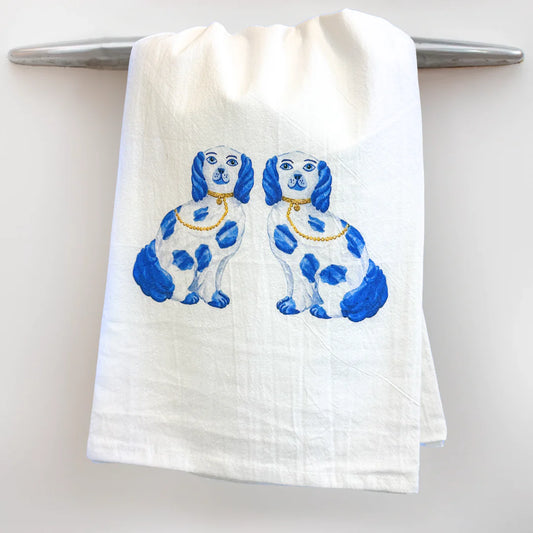 Taylor Paladino Staffordshire Dogs Tea Towel in cream linen with blue Staffordshire dogs design