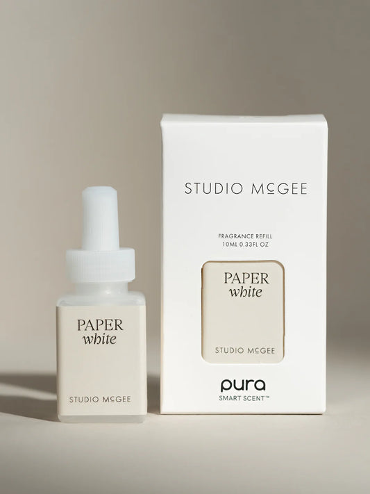 Studio McGee Paper White fragrance refill in white box with cream-colored bottle and white spray pump
