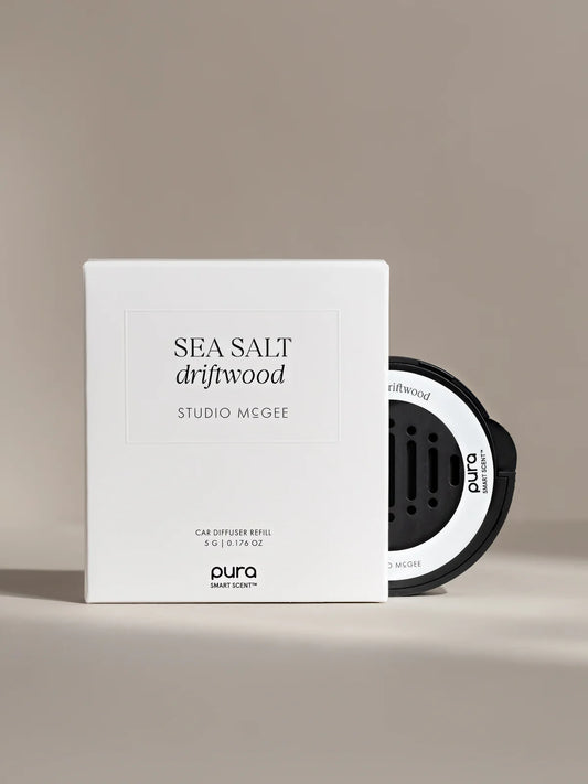 Studio McGee Sea Salt Driftwood car diffuser refill in white box with black Pura smart scent device
