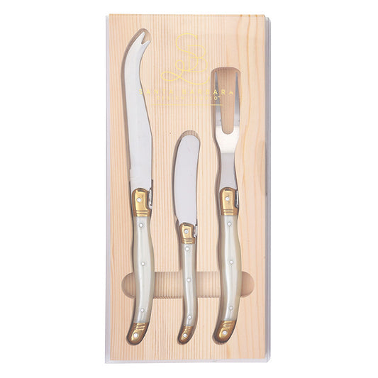 Santa Barbara three-piece cheese knife set with pearl handles and gold accents in wooden presentation box