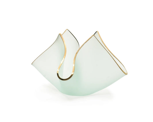 Annieglass Tulip Planter in frosted glass with gold-trimmed curved edges in light mint gradient