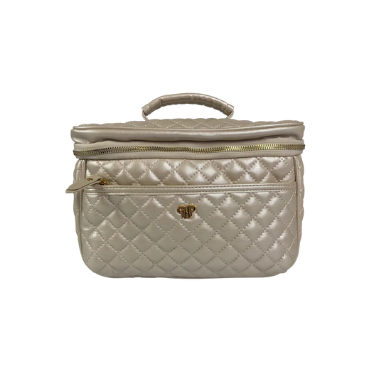 PurseN Classic Train Case in champagne quilted metallic fabric with handle and dual compartments