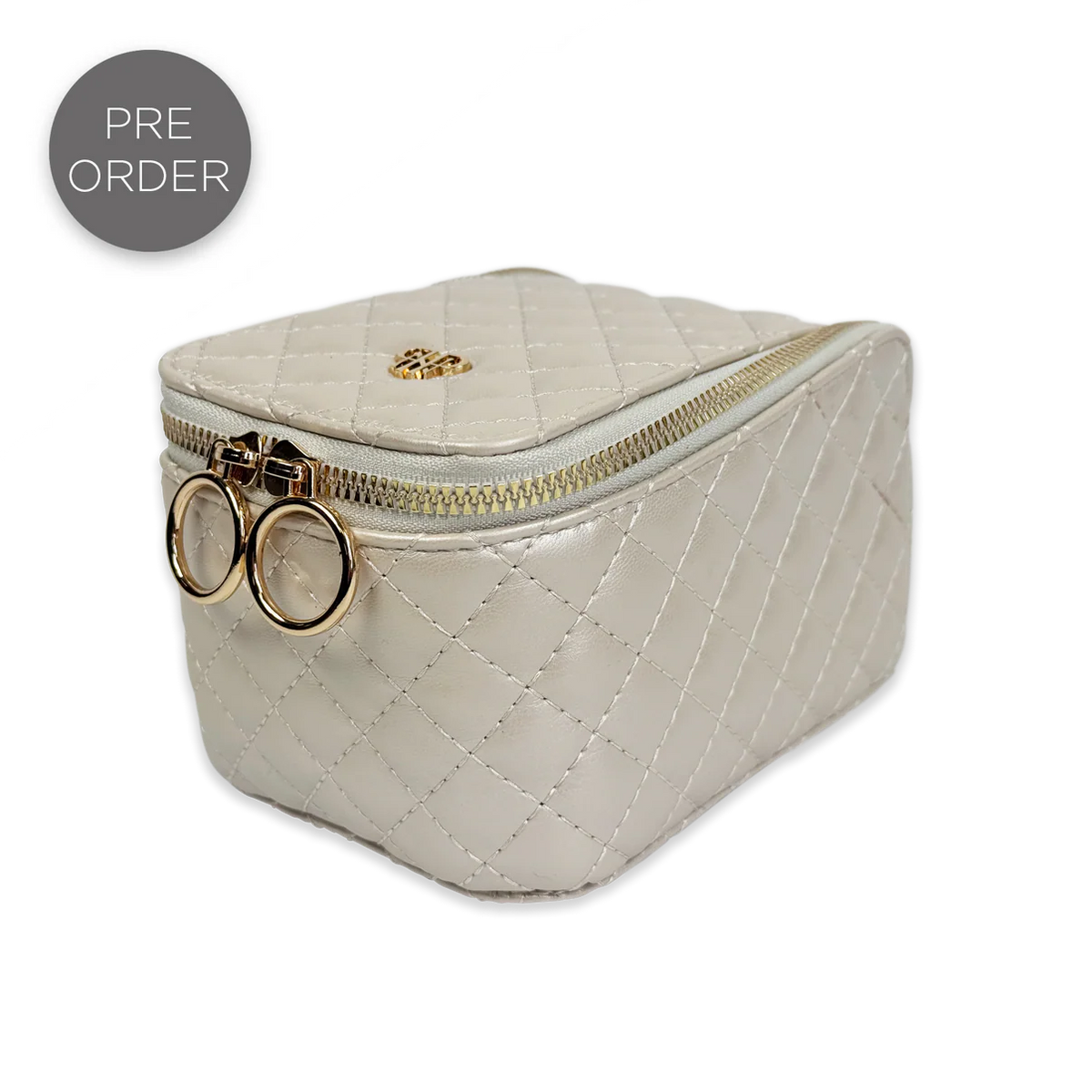 PurseN Train Jewelry Case in cream quilted nylon with gold hardware and detachable ring holders
