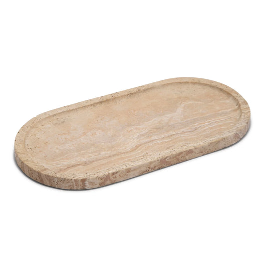 Skeem travertine tray in cream with natural stone texture, oval shape