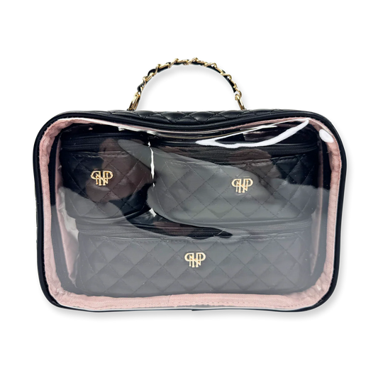 PurseN Trio Jet Setter black with three quilted cosmetic pouches and gold chain handle, displayed open