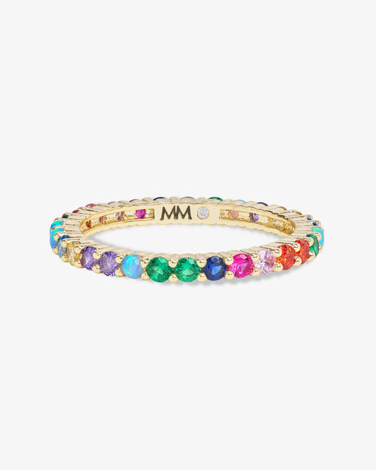 Melinda Maria Heiress Ring 2mm in gold with multicolored gemstones arranged in rainbow pattern