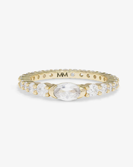 Melinda Maria The Maven Ring in 14K gold with oval white topaz center and round diamond accents, top view