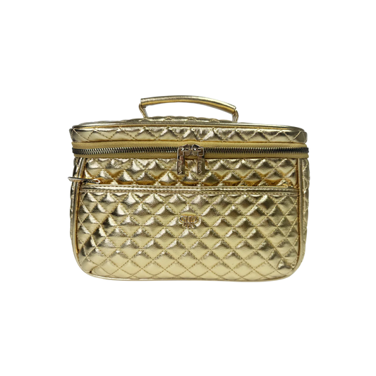 PurseN Classic Train Case in gold quilted metallic fabric with handle and dual compartments