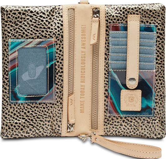 Consuela Wesley Uptown Crossbody open, showing leopard print interior with turquoise and burgundy plaid card slots